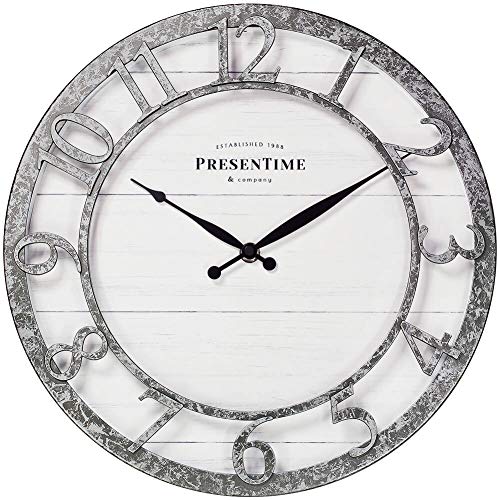 "PRESENTIME & Co 13"" Farmhouse Series Wall Clock, Quartz Movement, Shiplap Style,Raised 3D Arabic Numeral, Galvanized Finish"