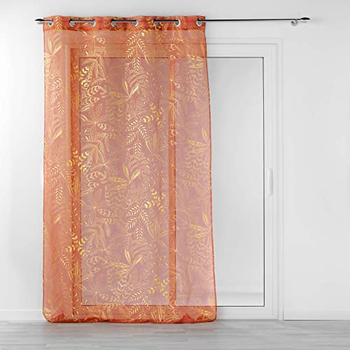 Douceur d'Intérieur, Belflor Net Curtain with Eyelets 140 x 280 cm Terracotta/Gold, Metallic Printed Sandblasted Voile