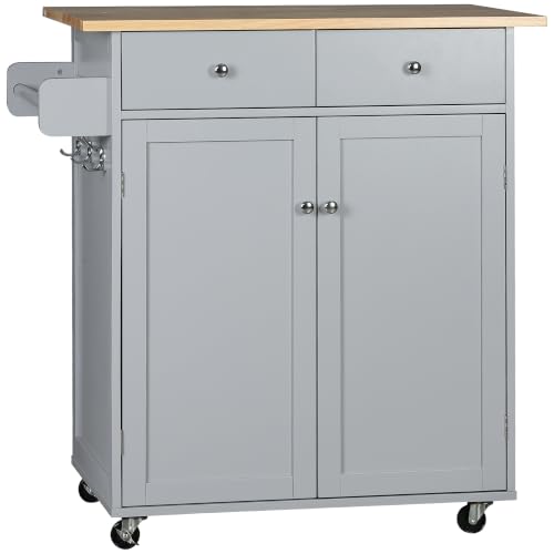 HOMCOM Rolling Kitchen Island on Wheels Rubber Wood Top Towel Rack Grey
