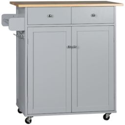 HOMCOM Rolling Kitchen Island on Wheels Rubber Wood Top Towel Rack Grey