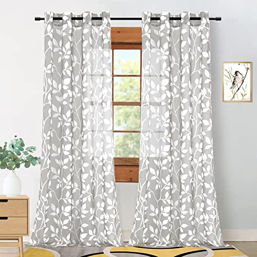 XTMYI - Light Grey and White Curtains 84 Inches Set of 2 Panels Sheer Voile Grommet Leaf Floral Curtains for Bedroom Living Room