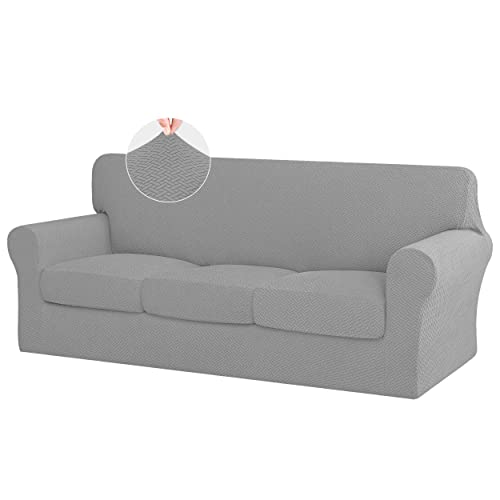 ISSUNTEX 4 Pieces High Stretch Thicken Couch Covers, Soft Sofa Slipcover for 3 Separate Cushion Couch, Jacquard Fabric Elastic Sofa Cover Furniture Protector for Dogs (Oversized Sofa, Light Gray)