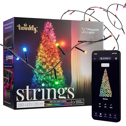 Twinkly Strings 250 LED RGB, LED Light String for in- and Outdoor, Smart LED Lights, Mappable LEDs, Compatible with Alexa and Google Home, IP44, Controlled by App, Black Wire, 20m