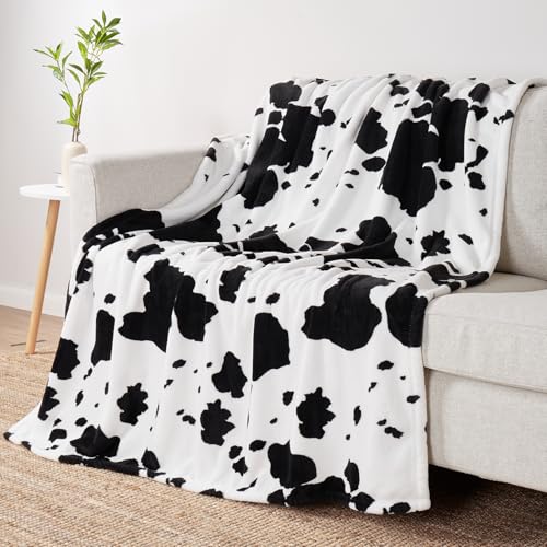 "Cozy Bliss Cow Print Throw Blanket for Bed - Fuzzy Thick Soft Warm Fleece Blankets for Couch & Bed, for Women Men Girls Kids, Black & White Twin Size 60""*80"""