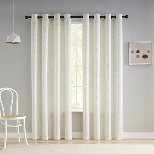 "Taisier Home Silver Foil Print Linen Textured Curtains Geometric Dots Pattern Design Curtains for Nursery Toy Room Thermal Insulated Window Treatment 2 Panels 72"" L,Off White and Silver Curtains Print"