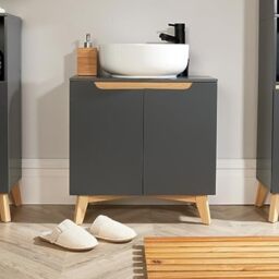 Home Source- Florence Under Sink Bathroom Storage Cabinet– Grey, 2-Door Basin Cupboard, Space-Saving Modern Furniture, Under Sink Storage 30x60x60cm