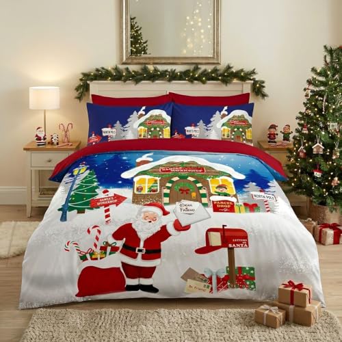 GC GAVENO CAVAILIA Santa Workshop Bedding Double Duvet Cover Set - Breathable, Lightweight, Reversible Quilt Cover Set - Soft Touch, Christmas Duvet Cover Double With Pillow Cases, 200x200cm