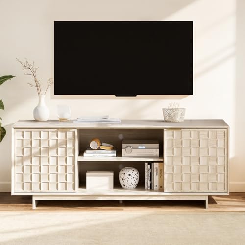 "COLAMY TV Stand with Two Doors, Entertainment Center 59"" with Adjustable Shelves and Storage, Mid-Century Modern TV Stand for 50/55/65 inch TV, Media Console Cabinet for Living Room, Bedroom Oak"