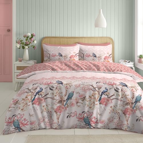 GC GAVENO CAVAILIA Parrot Duvet Cover Set With Pillow Cases - Hypoallergenic Geometric Pink Double Duvet Set - Polycotton Printed Birds Quilt Cover Bed Sets