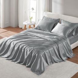 "Madison Park Essentials Satin Sheet Set Luxury and Silky with Natural Sheen, Premium 16"" Deep Pocket, All Around Elastic - Year-Round Bedding, Cal King, Grey, 6 Piece"