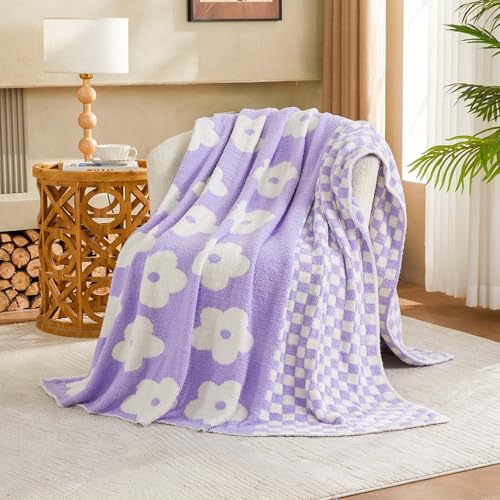 "XIBLC Checkered Throw Blanket, Lavender Flower Blanket for Couch, 60""x80"" Soft Plaid Knit Blanket for Home Decor, Reversible Checkerered Blankets for Sofa, Chair, Bed"
