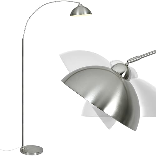 Arc Floor Lamp for Living Room, 204cm Tall Lamp with Adjustable Lamp Head, Brushed Aluminium Shade, 9W 3 Colour Temperature Bulb, Foot Switch & 5KG Heavy Base, Corner Standing Lamp for Living Room