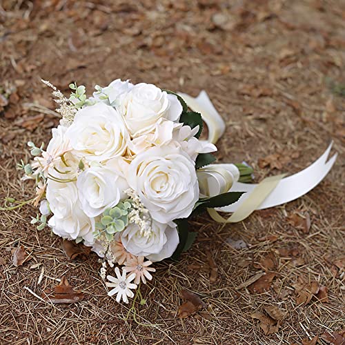 Ansofi Wedding Bouquets for Bride Bridesmaid Tossing Wedding Bouquet Beige White Rose Artificial Bridal Bouquet for Boho Rustic Wedding Ceremony Anniversary