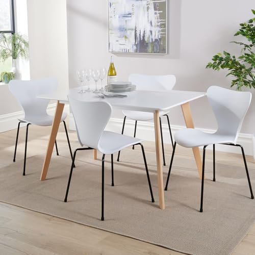 Home Source Kitchen Dining Table Set, 4 White Moulded Chairs, 120cm White Top Table