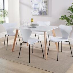 Home Source Kitchen Dining Table Set, 4 White Moulded Chairs, 120cm White Top Table