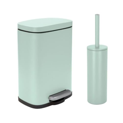 Spirella - Akira Steel Pedal Bin + Toilet Brush Set - Soft Easy-Close Closure, Anti-Fingerprint - 21.3 x 17.5 x 30 cm - 5L - Matte Ice Green