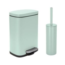 Spirella - Akira Steel Pedal Bin + Toilet Brush Set - Soft Easy-Close Closure, Anti-Fingerprint - 21.3 x 17.5 x 30 cm - 5L - Matte Ice Green