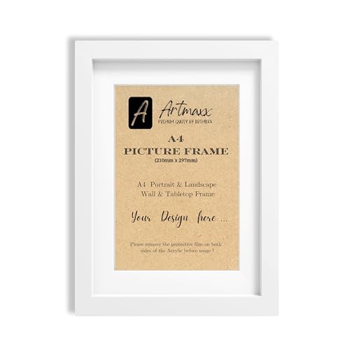 Artmaxx A4 White Photo Frame, for Graduation Certificates and A4 Pictures, for Table Top or Wall Mount, Transparent, Non-breaking Acrylic Glass Front, Solid Wood