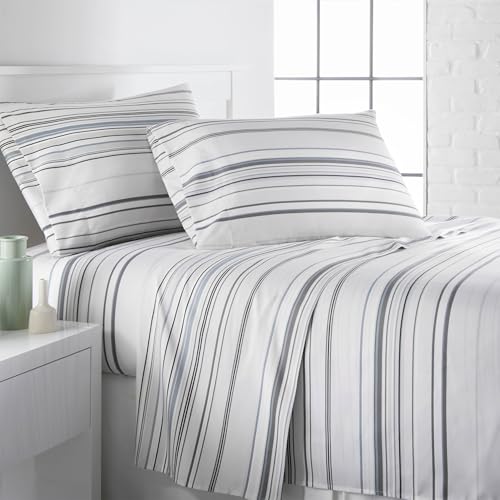 Southshore Fine Living, Inc. Coastal Sheets Set, 4 Piece King Size Sheet Set Beach House Bedding, 15 Inch Deep Pocket Fitted Sheet, Soft Microfiber Pet Hair Resistant Striped Sheets King Size - Grey