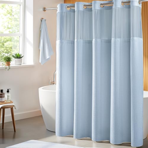 River Dream Misty Blue Fabric Shower Curtain Set, Cotton Blend, Waffle Weave, with Snap in Replacement Liner???71 x 86 inches