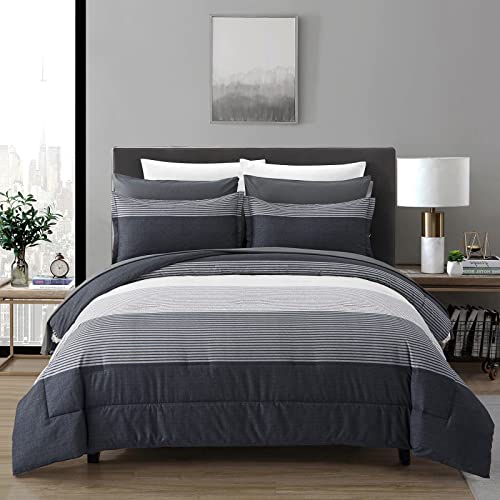7 Pieces Black Grey Comforter King Size, Lightweight Striped Bed in a Bag Bedding Comforters Set, All Season Microfiber Complete Bedding Set with Flat/Fitted Sheet, Pillowcases and Pillow Shams