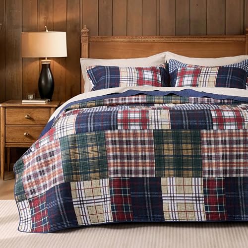 PPOLCA Queen Quilt Sets, 3-Piece Patchwork Lightweight Reversible Quilt, Bedspread Queen Size Quilt with 2 Shams, Blue Red