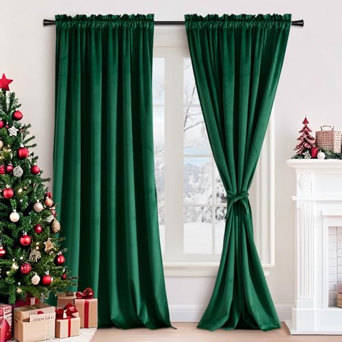 JIUZHEN Velvet Blackout Curtains for Living Room - 84 inches Thermal Insulated Room Darkening Rod Pocket Drapes for Bedroom/Office/Party, Set of 2 Panels with Tiebacks, 42W x 84L, Green