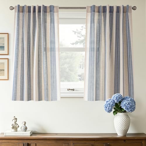 DriftAway Farmhouse Curtains for Living Room Vertical Striped Linen Curtains Semi Sheer Light Filtering Back Tab Rod Pocket Window Treatments, 36 Inches Long, 2 Panels, Jean Navy on Beige