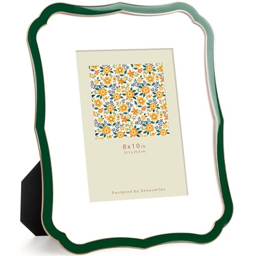 Venusmiles 8x10 Picture Frame, Gold Wavy Cloud Border, Green Enamel, 1pc - Zinc Alloy Frame with Mat, Displays 8x10 Photos without Mat or 5x7 Photos with Mat, Wall & Tabletop Family Gallery