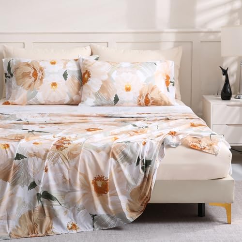 LONAVA Flower King Size 6 Pcs Sheet Set, Breathable Microfiber Deep Pocket Biege Fitted Sheets, Comfy & Breathable Patterned Flat Sheets,4 Gentle Soft Pillowcases, Golden Flower