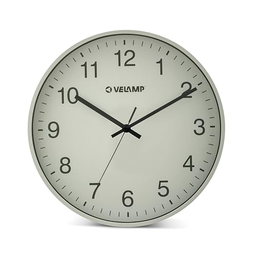 Velamp 30cm round quartz wall clock, non-ticking wall clock, modern and silent 12-inch wall clock. Easy-to-read numbers. Suitable for offices, living rooms, kitchens, schools, gyms...