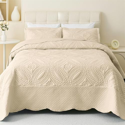 "Cmfshape Oversize King Bedspread 128""x120"",3 Piece California King Quilt,Lightweight Bed Quilt Set for All Season,Modern Geometric Pattern Bedding Set Beige"