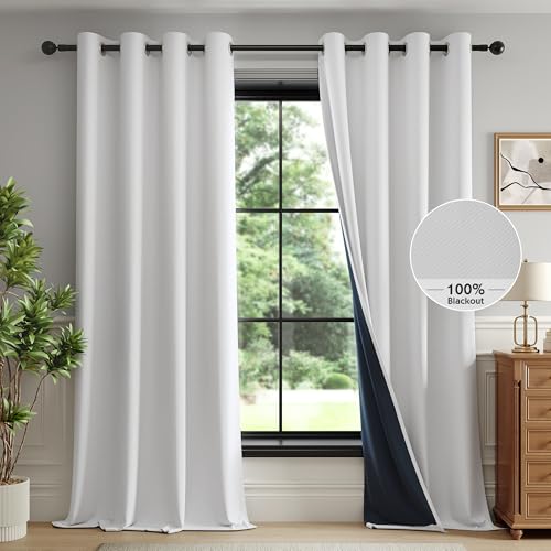 FMFUNCTEX 100% Blackout White Curtains 72 Inch Long Grommet Drapes 2 Panels - Black out Drapes, Thermal Insulated Noise Reducing, Textured Weave, Room Darkening, Window Curtain, for Living Room,Grommet
