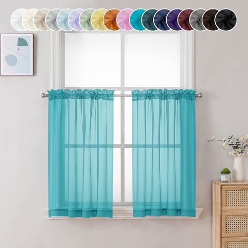 Chyhomenyc Sheer Turquoise Tier Curtains 24 Inch Length, Small Window Treatment for Bathroom Living Room Basement, Short Rod Pocket Cafe Curtain, 42W x 24L Inches, 2 Panels