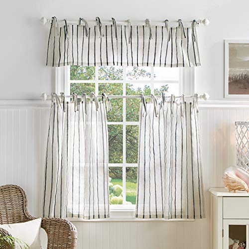 Martha Stewart Laguna Stripe Semi-Sheer Tie Tab Window Curtain Valance and Tiers Set, Navy