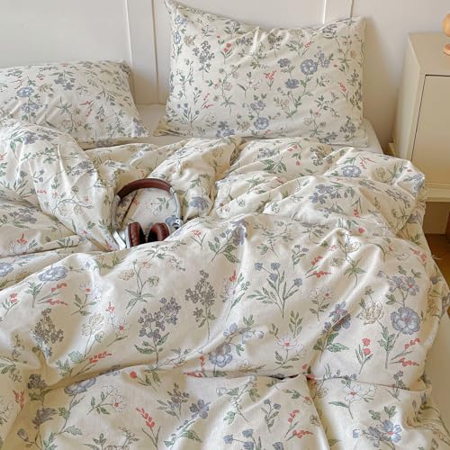 EAVD Vintage Garden Floral Duvet Cover King Soft 100% Cotton Chic Spring Leaves Floral Bedding Set with 2 Pillowcases Fresh Reversible Botanical Comforter Cover with Zipper Closure