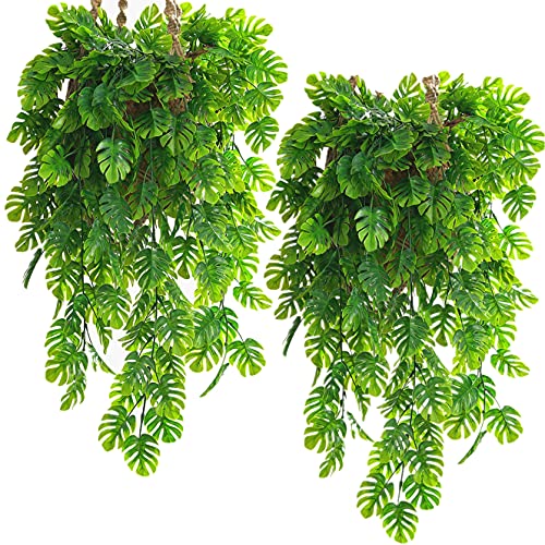 CATTREE Monstera Leaves Artificial Hanging Vines 4 Pack, Fake Ivy Tropical Leafs Green Leaf Plants Greenery Faux Vine Ivy Rattan Ferns for Wedding Garden Home Hawaiian Part Outdoor D??cor