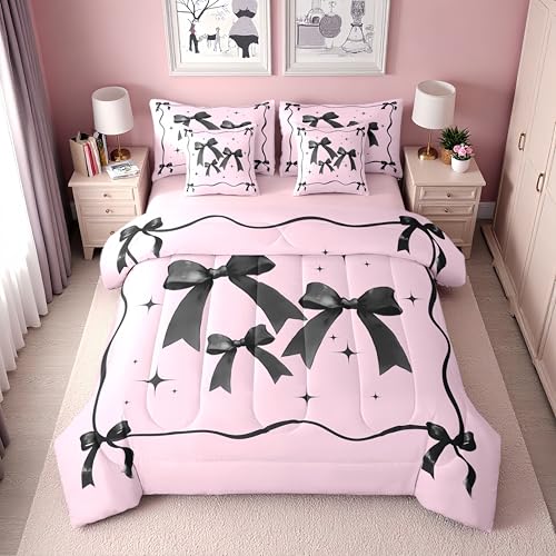 Erosebridal Pink and Black Bow Full Comforter Set with Sheets for Girls - Coquette Ribbon Bows Bedding Set 7 Piece for Kids Women, Cute Pink Bow Tie Bed in a Bag, Kawaii Bowknot Fitted Flat Sheet