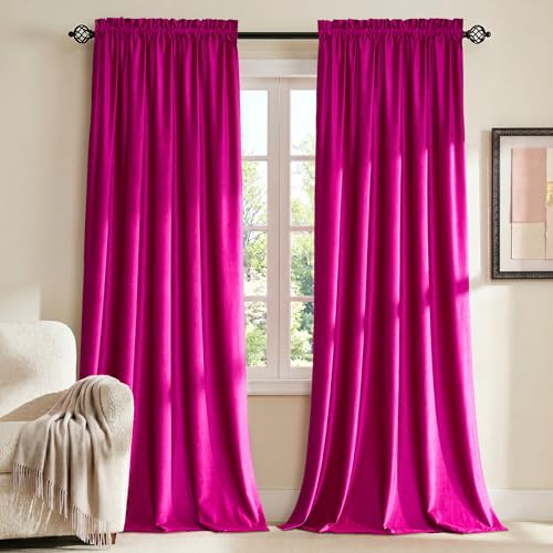 PRIMROSE PRIMROSE Hot Pink Curtains 96 inch for Living Room Velvet Blackout Rod Pocket Window Drapes Treatment Semi Room Darkening Decorative Curtains for Bedroom Set of 2 Panels