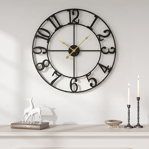 Cuspin Large Wall Clock, 20 Inch Black Decorative Wall Clock for Living Room, Modern Metal Battery-Operated Arabic Numerals Round Clocks Silent Non Ticking for Kitchen Mantel Bedroom Office
