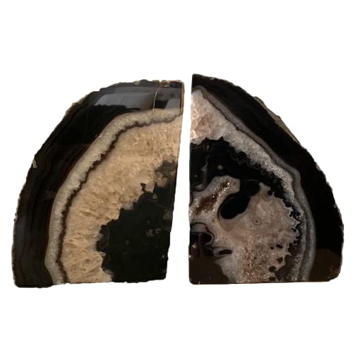 JIC Gem Black Agate Geode Bookends Anti-Slip Heavy Duty 1 Pair 3-4 Lbs - Natural Black Crystal Book Stoppers Small Stone Book Holders for Shelf Home Office Unique Decor Gift for Readers Collectors