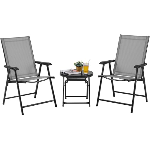 Yaheetech 3-Piece Outdoor Bistro Set, Garden Folding Chairs and Tempered Glass Table Set, Foldable Patio Furniture with Backrest & Armrests for Garden, Lawn, Balcony & Poolside Relaxation, Grey/Black