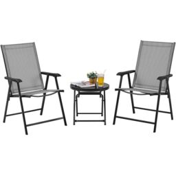Yaheetech 3-Piece Outdoor Bistro Set, Garden Folding Chairs and Tempered Glass Table Set, Foldable Patio Furniture with Backrest & Armrests for Garden, Lawn, Balcony & Poolside Relaxation, Grey/Black
