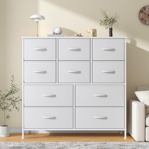 Feonase Chest of Drawers,Bedroom Tall Dresser with 10 Fabric Drawers, Metal Frame & MDF Wood Top, Adjustable Feet, Storage Organizer Unit for Bedroom, Closet, Living Room, Office Hallway, White