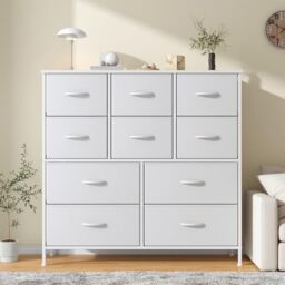 Feonase Chest of Drawers,Bedroom Tall Dresser with 10 Fabric Drawers, Metal Frame & MDF Wood Top, Adjustable Feet, Storage Organizer Unit for Bedroom, Closet, Living Room, Office Hallway, White