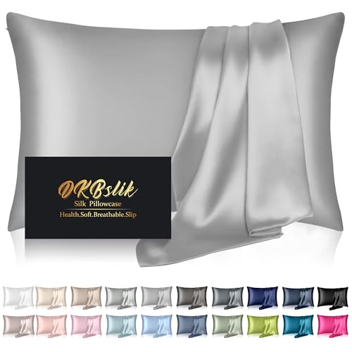 Silk Pillowcase for Hair and Skin, Mulberry Silk Pillow Cases Standard Size, Soft Anti Acne Cooling Sleep Both Sides Natural Silk Satin Pillow Covers with Hidden Zipper, Gifts for Women Men, Grey