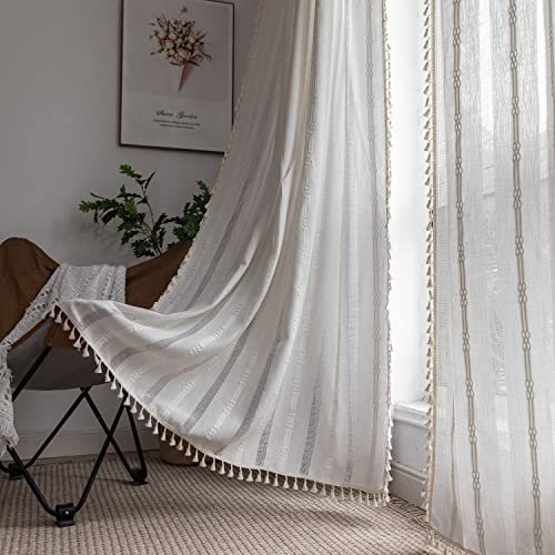 "BCLBUSTE Boho Curtains for Bedroom Embroidery Striped Farmhouse Curtains 63 Inch Length 2 Pannels for Living Room Off White Linen Semi Sheer Rod Pocket Drapes(52"" W x 63"" L,White)"