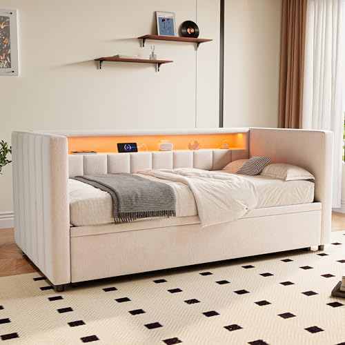Ball & Cast Upholstered Bed Daybed with Trundle bed, 90x190 cm Sofa Bed with LED Lighting & USB-C Port, Modern Daybed with Storage Compartment & 12 Slatted Frames for Living Room, Beige,Velvet 