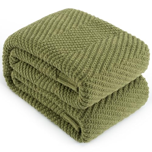 LONG CREATE Knitted Throw Blanket for Couch, 50X60 Chevron Bed Knit Throws - Olive Green Lightweight Living Room Decor, Super Soft Boho Bedding Blankets, Cozy Herringbone Textured, Chair Sofa Cover