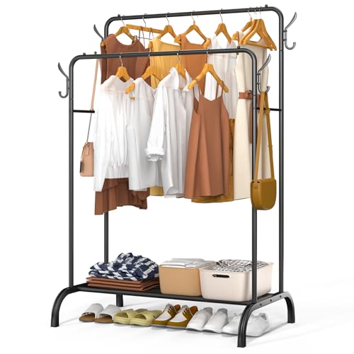 VOUNOT?? Double Hanging Clothes Rail with Shoe Shelves and 4 Side Hooks, Metal Open Wardrobe, Heavy Duty Clothing Rack for Bedroom, Dressing Room, and Hallway, 110x58x150cm, Black